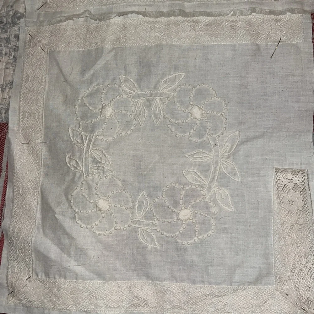 Lot 9 French hand Embroidered cream quilt Squares